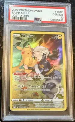 2022 Pokemon SWSH Full Art Pikachu Lost Origin Full Art TG05 Gem Mint PSA 10 - Image 1