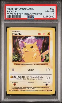 Pikachu Pokemon 1999 Base Set Shadowless Yellow Cheeks English 58/102 PSA 8 - Image 1