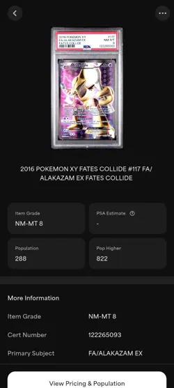 2016 Pokemon XY Fates Collide Alakazam EX FULL ART #117 PSA 8 NM-MT - Image 3