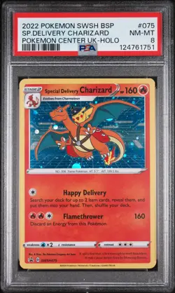 2022 POKEMON SWSH BLACK STAR PROMO #075 SPECIAL DELIVERY CHARIZARD-HOLO PSA 8 - Image 1