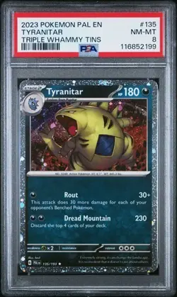 2023 POKEMON PAL EN-PALDEA EVOLVED TRIPLE WHAMMY TINS #135 TYRANITAR PSA 8 - Image 1