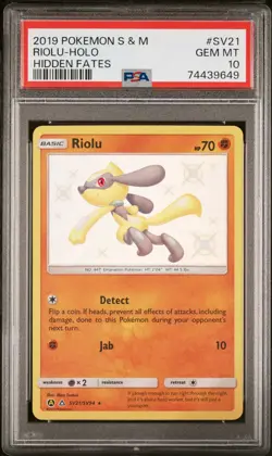 2019 POKEMON SUN & MOON HIDDEN FATES #SV21 RIOLU-HOLO PSA 10 GEM MINT SHINY - Image 1