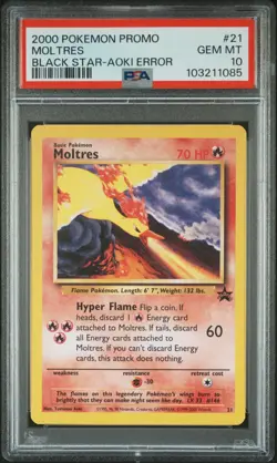 Pokemon Moltres 21 PSA 10 Gem Mint Black Star Promo Aoki Error 2000 - Image 1
