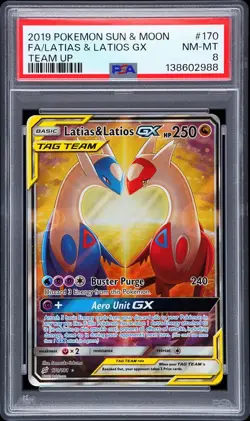 2019 POKEMON SUN & MOON TEAM UP #170 FULL ART/LATIAS & LATIOS GX PSA 8 - Image 1