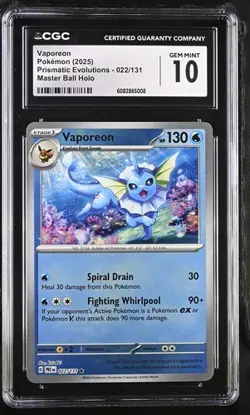 2025 Pokemon Prismatic Evolutions Vaporeon Master Ball 022/131 Sv Holo CGC 10 - Image 1