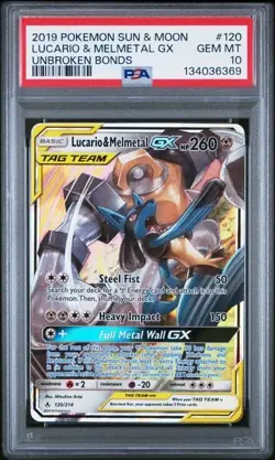 2019 Pokemon Unbroken Bonds Lucario & Melmetal GX Tag Team 120/214 PSA 10 - Image 1