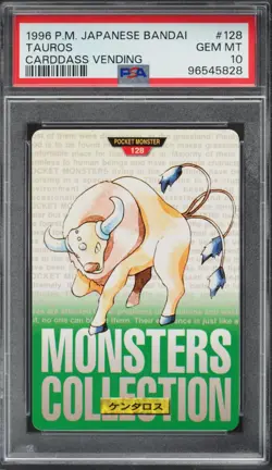 1996 Pokemon Japanese Bandai Carddass Vening Tauros #128 PSA 10 Gem Mint Pop 9 - Image 1