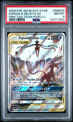 2020 POKEMON SM BLACK STAR PROMO TAG TEAM POWERS COLL ESPEON & DEOXYS GX PSA 8 - Image 1