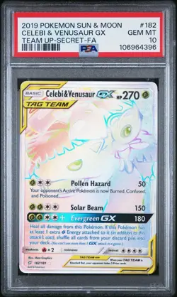PSA 10 Celebi & Venusaur GX 182/181 Team Up Rainbow Secret Rare Pokemon Card - Image 1