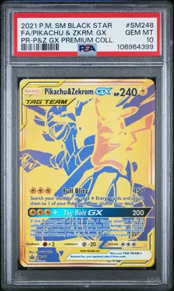 PSA 10 Pikachu & Zekrom GX SM248 Tag Team Gold Premium Promo Pokemon Card - Image 1
