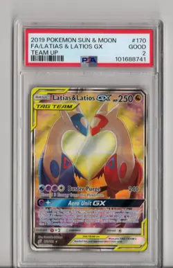 2019 POKEMON SUN & MOON TEAM UP #170 FULL ART/LATIAS & LATIOS GX PSA 2 - Image 1