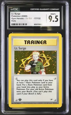 CGC 9.5 Lt. Surge Gym Heroes 1st Edition 17/132 Holo SWIRL Pokemon Card - Image 1