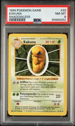 1999 POKEMON BASE SET SHADOWLESS #33 KAKUNA PSA 8 - Image 1