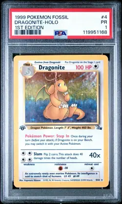 PSA 1 1999 Pokemon 1ST EDITION Fossil Dragonite Holo 4/62 Holo Foil WOTC LOW POP - Image 1
