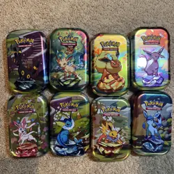 Full Set 8 EMPTY Pokemon PRISMATIC EVOLUTIONS Mini Tins/coins/cards/plus extras - Image 5