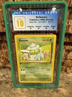 CGC 10 Perfect Bulbasaur Base Set 1st Edition 44/102 German Pokemon Card - Image 1
