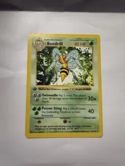 1st Edition Shadowless Beedrill 17/102 Base Set Pokemon Card Rare MP - Image 1