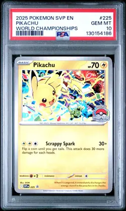 2025 POKEMON SVP EN-SV BLACK STAR PROMO WORLD CHAMPIONSHIPS #225 PIKACHU PSA 10 - Image 1