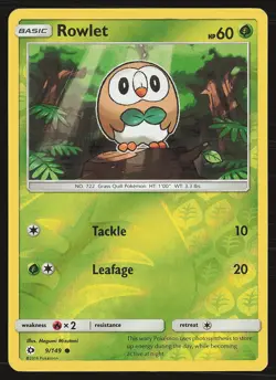SM Base Set Rowlet #9/149 Reverse Holo Pokemon Card - Image 1