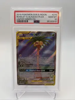Pokemon Rowlet & Alolan Exeggutor GX Unified Minds #215 PSA 10 Tag Team - Image 1
