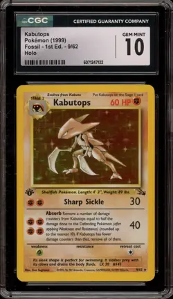 Pokemon Kabutops Fossil 1st Edition Holo Rare #9 CGC 10 Gem Mint - Image 1