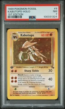 1999 Kabutops 1st Edition Holo Rare #9 Fossil Near Mint PSA 7 - Image 1