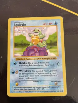 Pokemon Card Squirtle Shadowless Base Set Common 63/102 Near Mint - Image 1