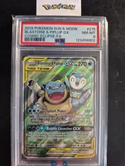 2019 Pokemon S&M Cosmic Eclipse 215/236 FA Blastoise & Piplup GX PSA NM-MT 8 - Image 1