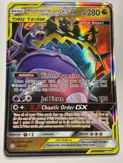 2019 POKEMON COSMIC ECLIPSE TAG TEAM NAGANADEL & GUZZLORD GX 158/236 HOLO NM - Image 1