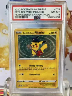 Pokemon Special Delivery Pikachu P.M. Center Canada Holo Promo SWSH074 PSA 8 - Image 1