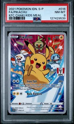 2021 POKEMON INDONESIAN S PROMO KFC CHAKI KIDS MEAL #016 FULL ART/PIKACHU PSA 8 - Image 1