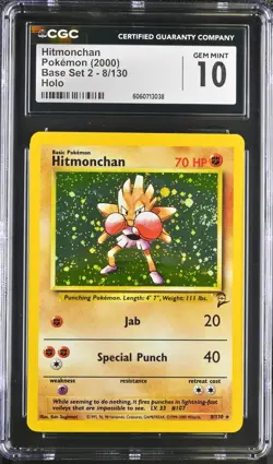 CGC 10 GEM MINT Hitmonchan Base Set 2 8/130 Holo SWIRL 2000 Pokemon Card psa - Image 1