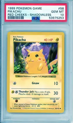 1999 Pokemon Pikachu Base Set Red Cheeks Shadowless PSA 10 GEM MINT - 58/102 - Image 1