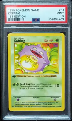 1st Edition Shadowless Koffing 51/102 Base Set Pokemon Card PSA 9 Mint - Image 1