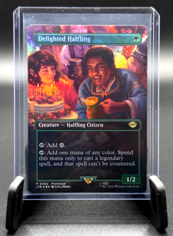 MTG DELIGHTED HALFLING 0402 LORD OF THE RINGS LTR PRERELEASE BORDERLESS FOIL NM - Image 1