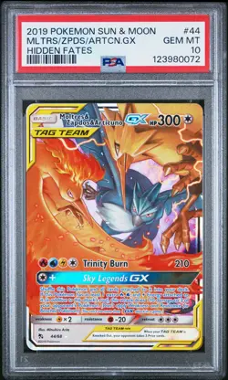2019 POKEMON SUN & MOON HIDDEN FATES #44 MOLTRES & ZAPDOS & ARTICUNO GX PSA 10 - Image 1
