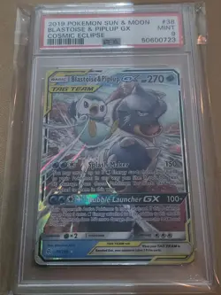 Pokemon TCG Blastoise & Piplup GX 38/236 Holofoil SM - Cosmic Eclipse PSA 9 - Image 1