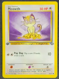 1999 Jungle Meowth 56/64 1st Edition Pokemon Card Vintage WOTC - Image 1