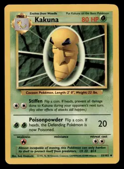 3X Pokemon Card Kakuna Base Set 33/102 LIGHTLY PLAYED Non-Holo Uncommon TCG!!!!! - Image 1