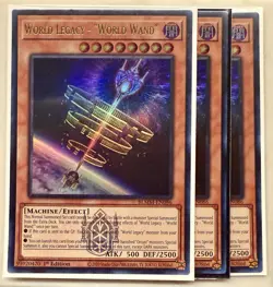 Yugioh! 3x World Legacy - "World Wand BLMM-EN086 Emblazoned Ultra Rare 1st Ed NM - Image 1