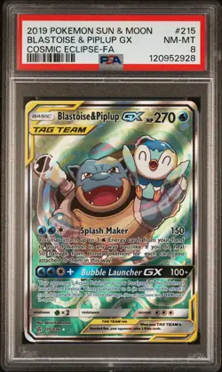 Pokemon Blastoise & Piplup GX Alternate Full Art Holo PSA 8 Sm-Cosmic Eclipse - Image 1