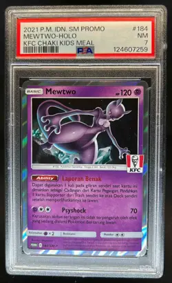 2021 Pokemon IDN SM Promo Mewtwo Holo KFC Chaki Kids Meal #184 PSA 7 NM - Image 1