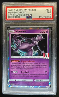 2021 Pokemon IDN SM Promo Mewtwo Holo KFC Chaki Kids Meal #184 PSA 7 NM - Image 1