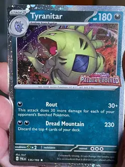 POKEMON TYRANITAR 135/193 RARE COSMOS HOLO WITH SWIRL PALDEA EVOLVED STAMPED NM - Image 1