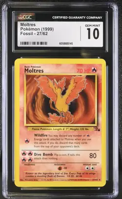 CGC 10 GEM MINT Moltres 1999 Fossil 27/62 Pokemon Card - Image 1