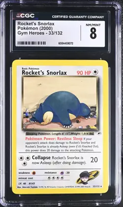 CGC 8 NM/MINT Rocket's Snorlax 2000 Gym Heroes 33/132 Rare Pokemon Card - Image 1