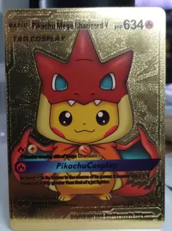 Pikachu Mega Charizard Y Tag Cosplay Gold Foil Fan Art Display Pokemon Card LP - Image 1