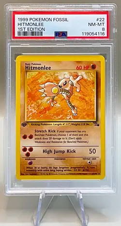 Pokemon 1st EDITION Hitmonlee #22/62 Non-Holo - 1999 Fossil Set - PSA 8 (NM-MT)! - Image 1
