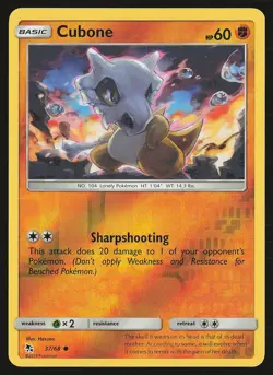 Hidden Fates Cubone #37/68 Reverse Holo Pokemon Card - Image 1