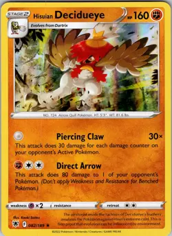 Pokemon TCG Hisuian Decidueye SWSH Astral Radiance 082/189 Holo Rare Card NM - Image 1